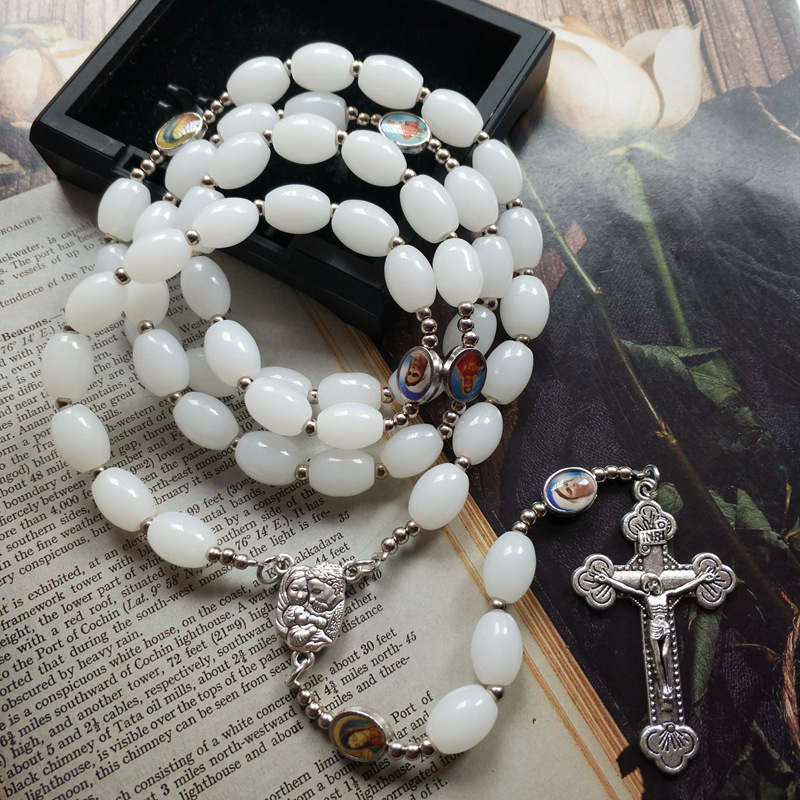 White Glass Olive Bead Cross Pendant Rosary