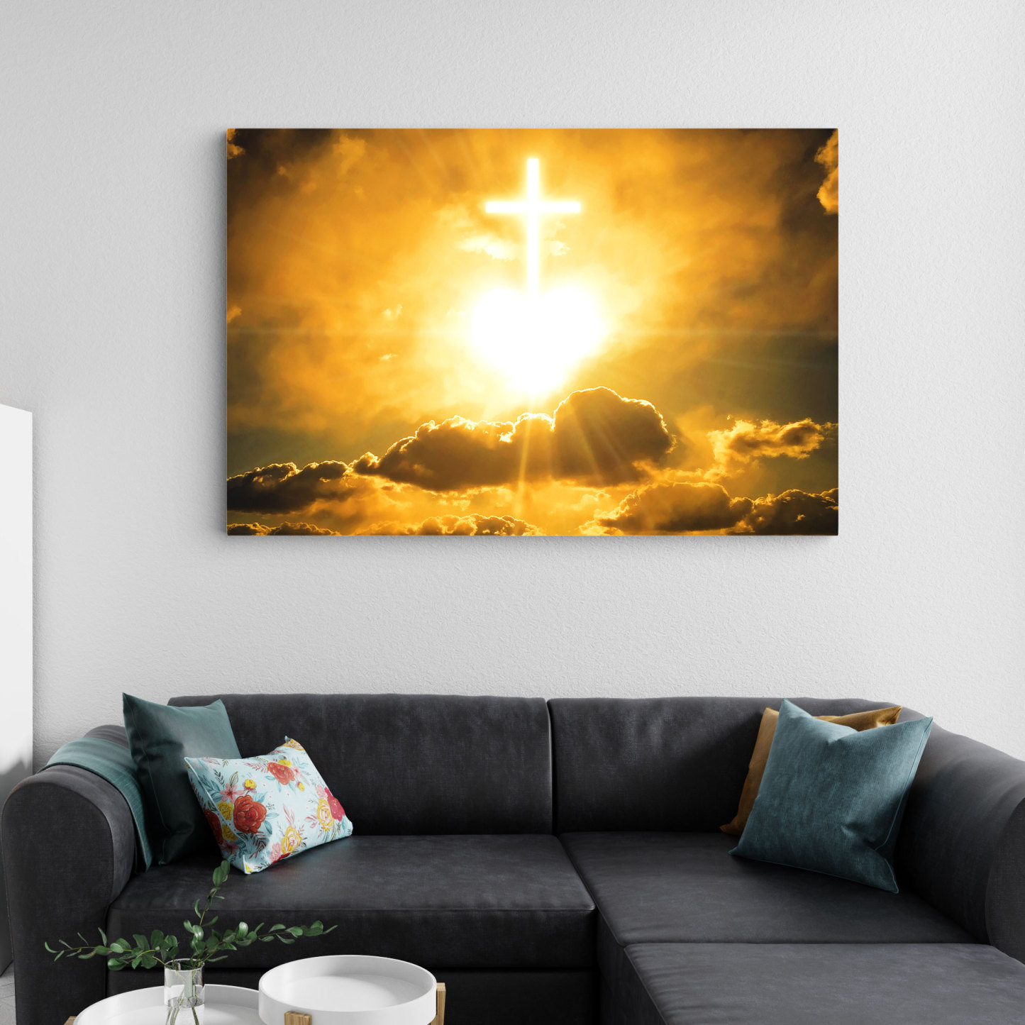 White Shining Christian Cross And Heart Christian Canvas Wall Art