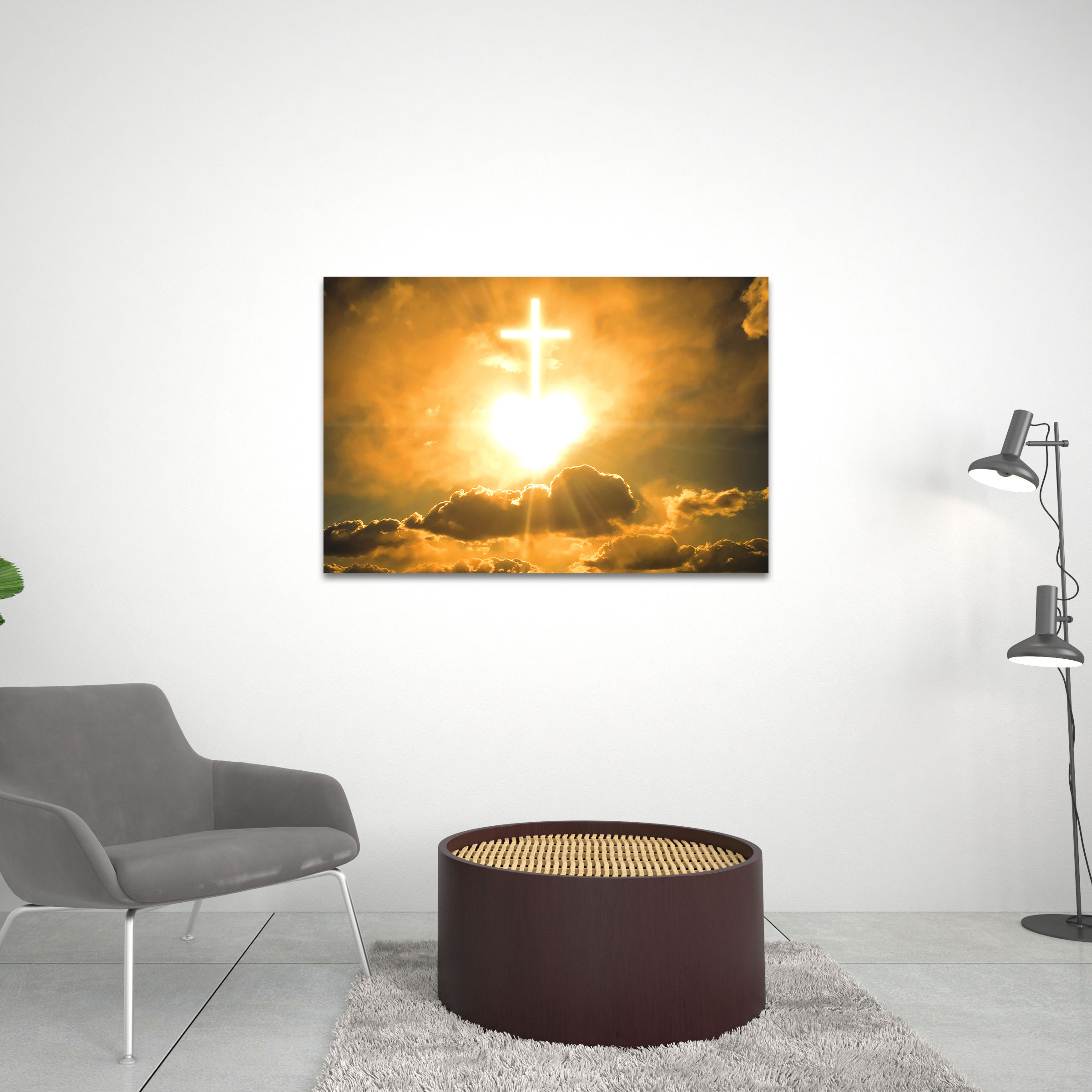 White Shining Christian Cross And Heart Christian Canvas Wall Art