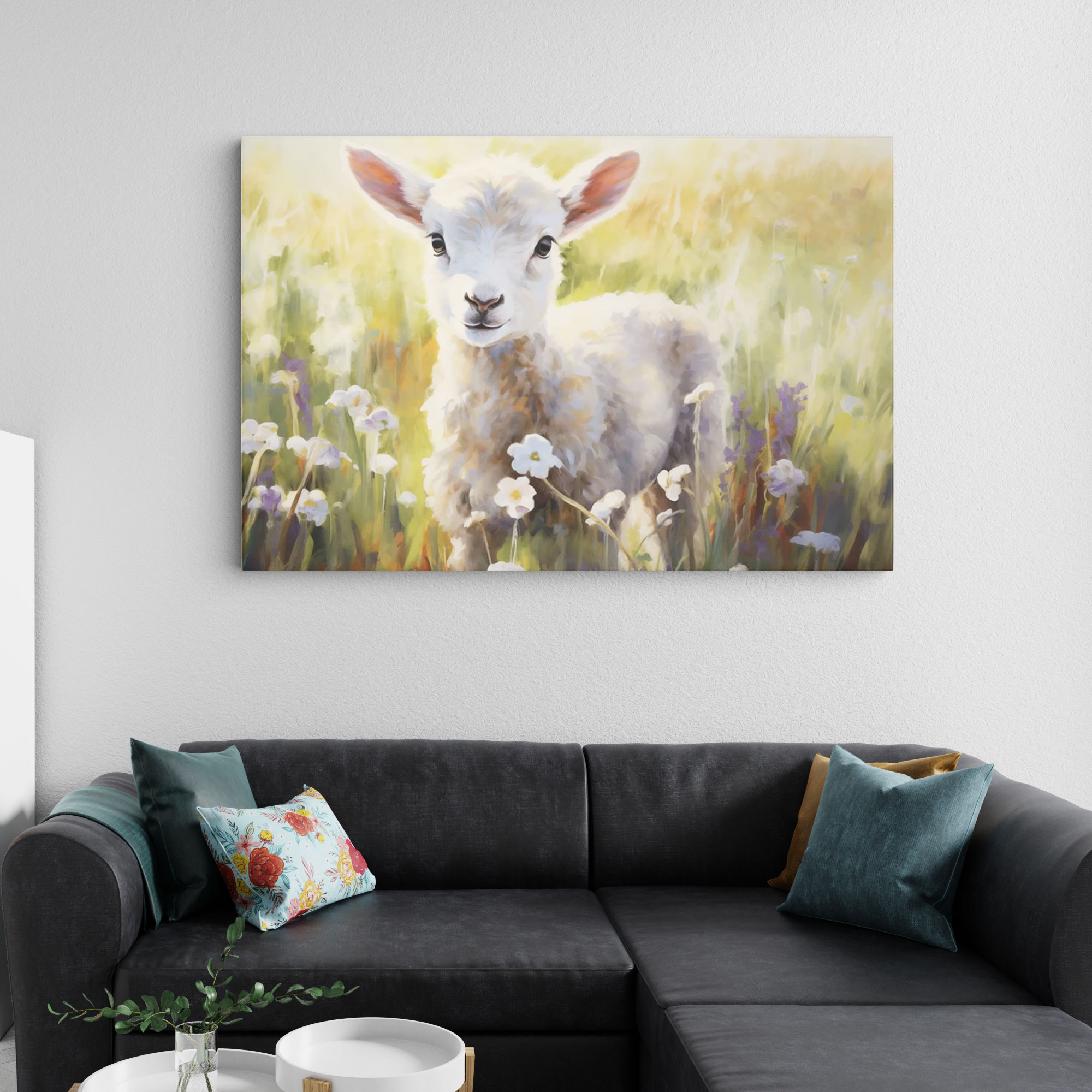 Wildflower Spring With Lamb Christian Canvas Wall Art