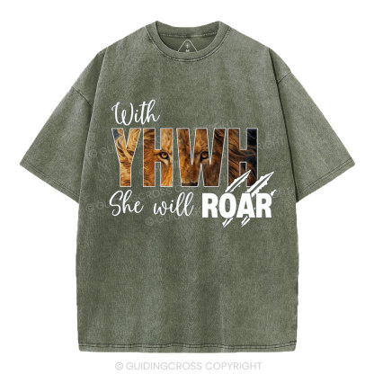 With YHWH She Will Roar Christian Washed T-Shirt