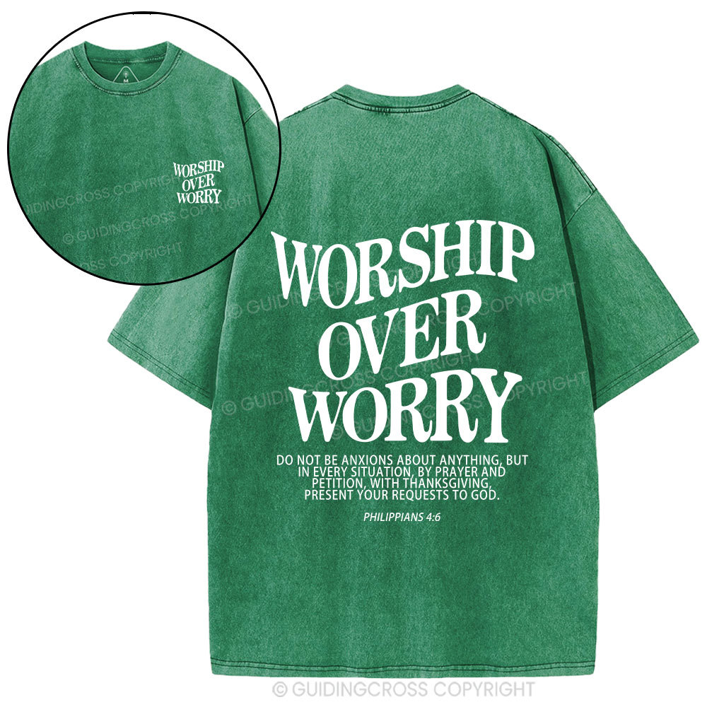 Worship Over Worry Christian Washed T-Shirt Sale - GuidingCross