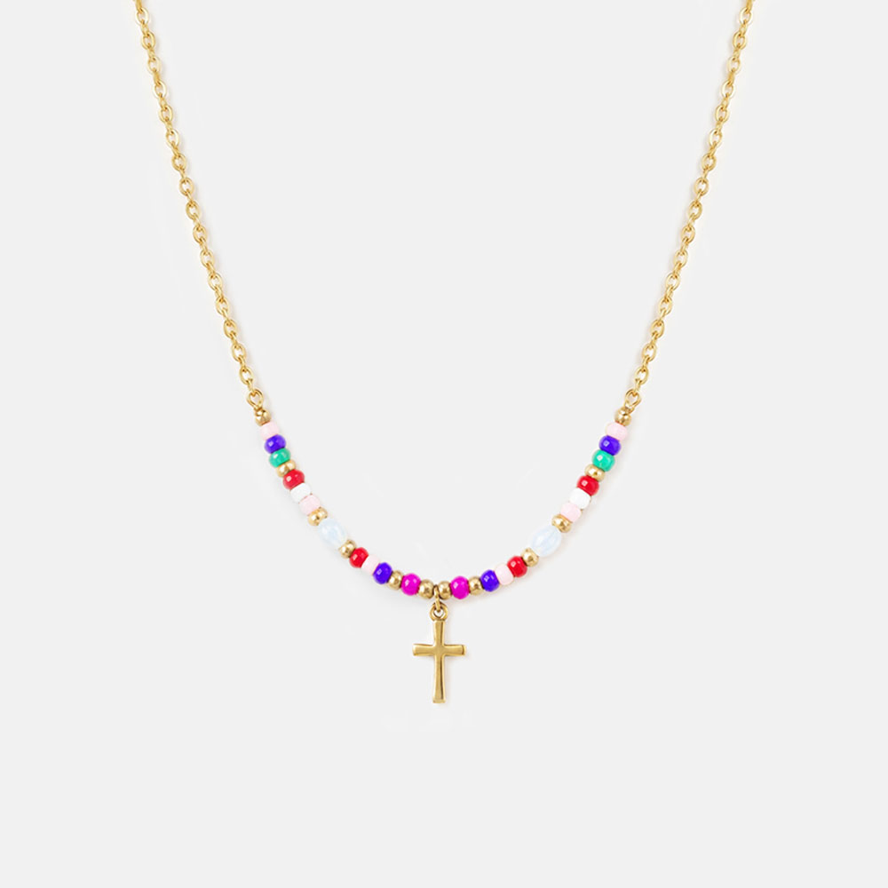 Colorful Beaded Cross Christian Necklace