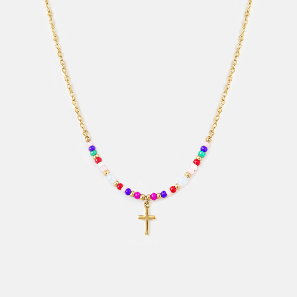 Colorful Beaded Cross Christian Necklace