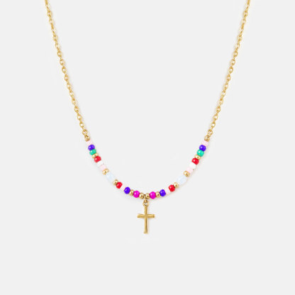 Colorful Beaded Cross Christian Necklace