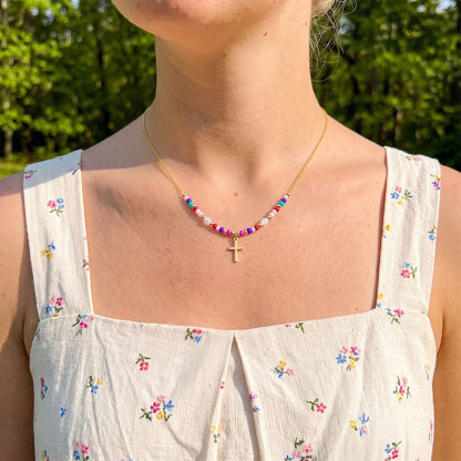 Colorful Beaded Cross Christian Necklace