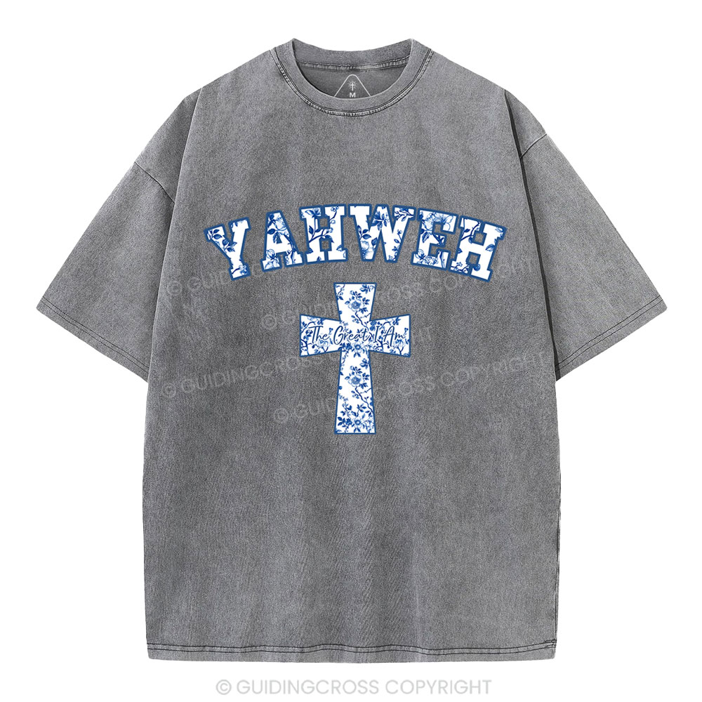 YAHWEH Blue Floral Christian Washed T-Shirt