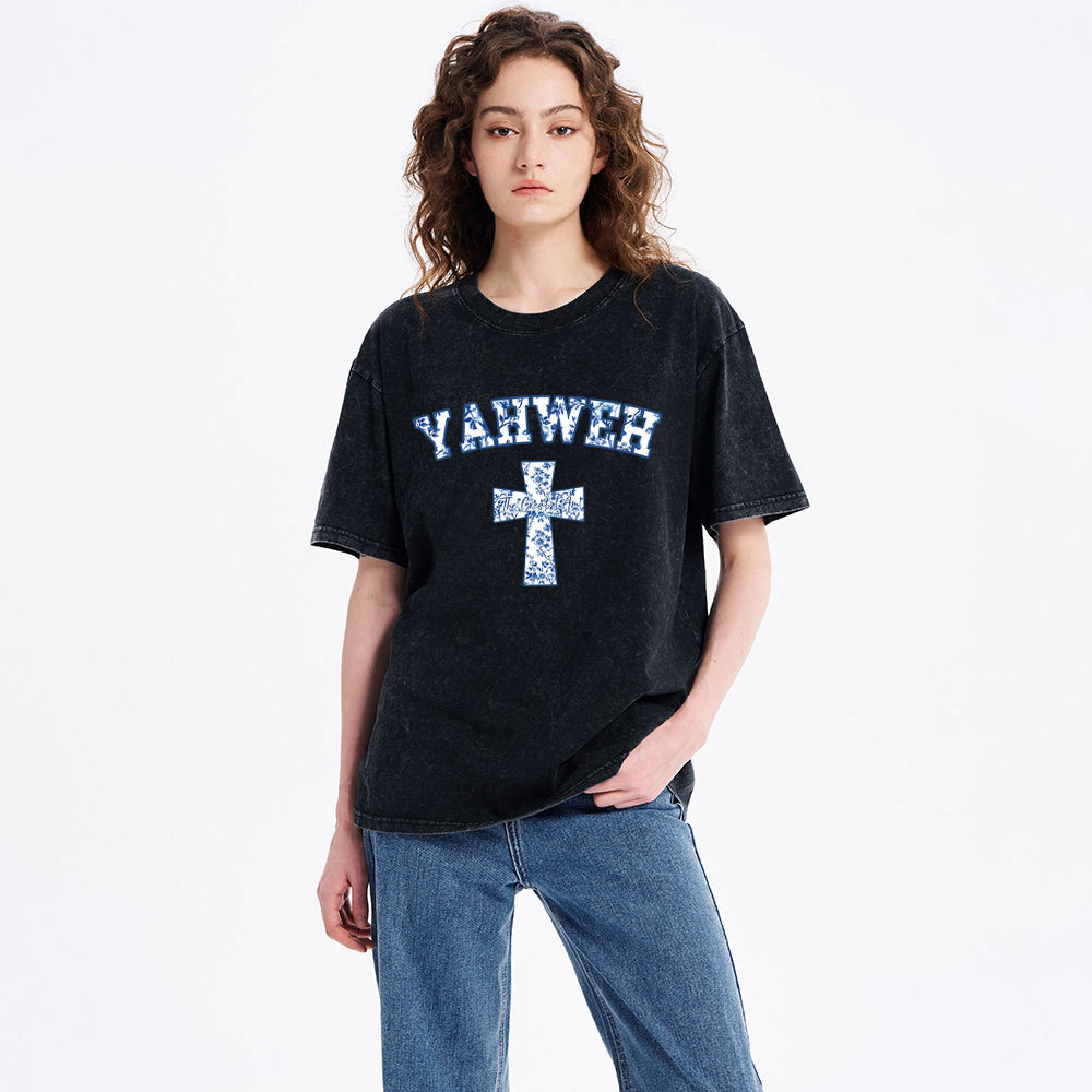 YAHWEH Blue Floral Christian Washed T-Shirt