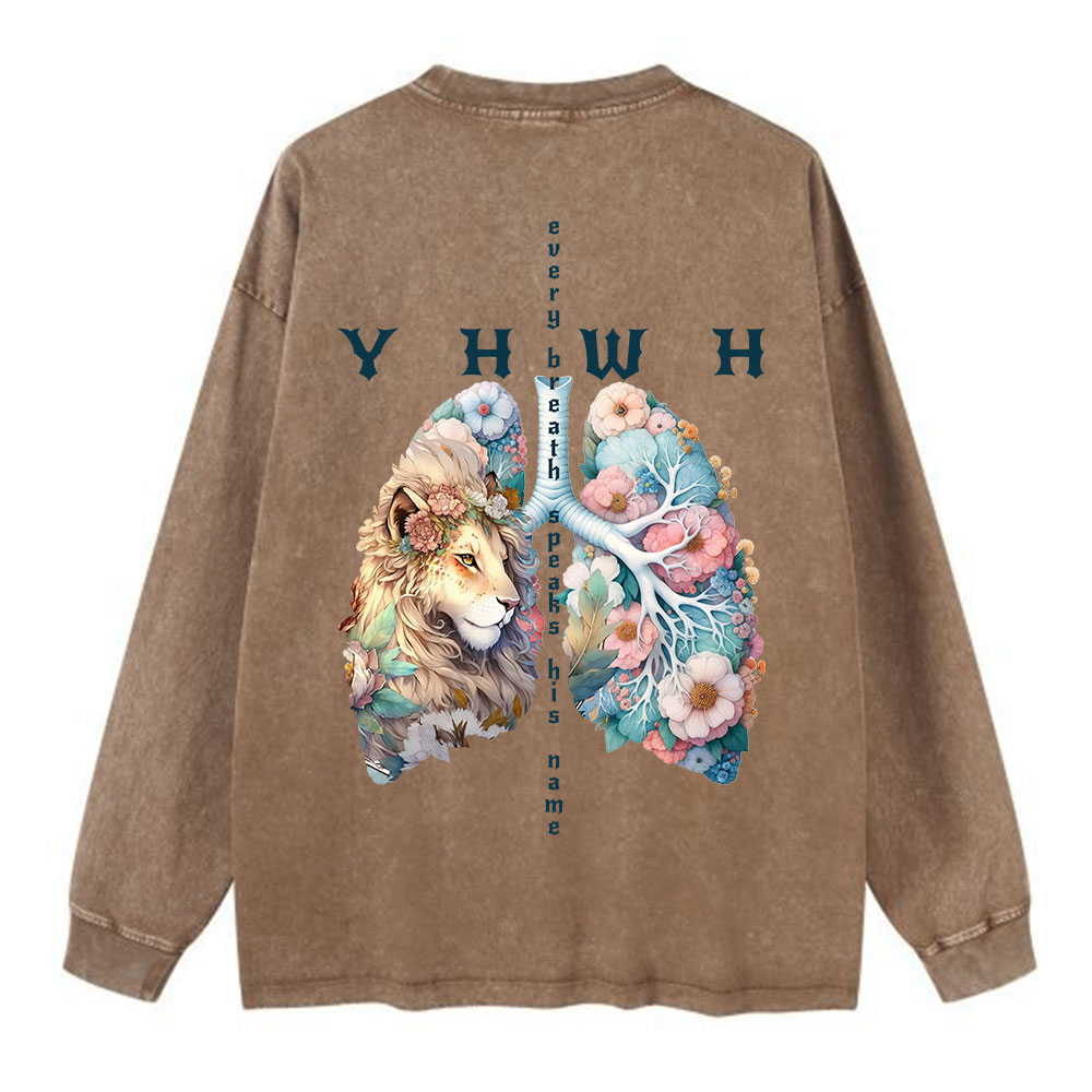 YHWH Lion Christian Washed Long Sleeve T-Shirt