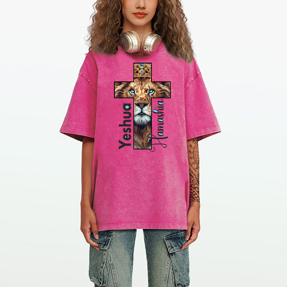 Yeshua Lion Cross Christian Washed T-Shirt