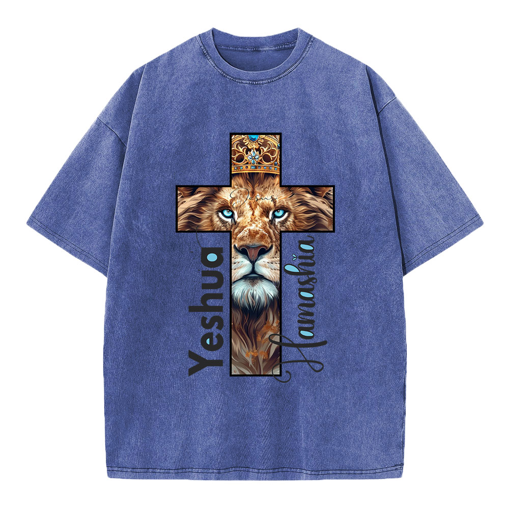Yeshua Lion Cross Christian Washed T-Shirt