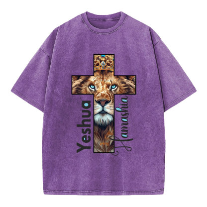 Yeshua Lion Cross Christian Washed T-Shirt