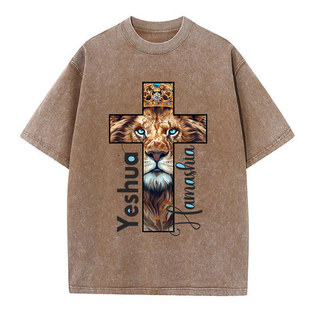 Yeshua Lion Cross Christian Washed T-Shirt