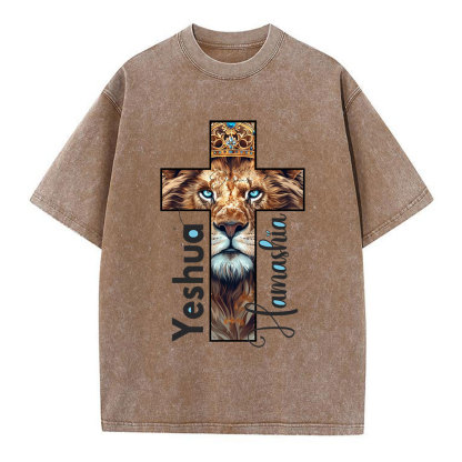Yeshua Lion Cross Christian Washed T-Shirt