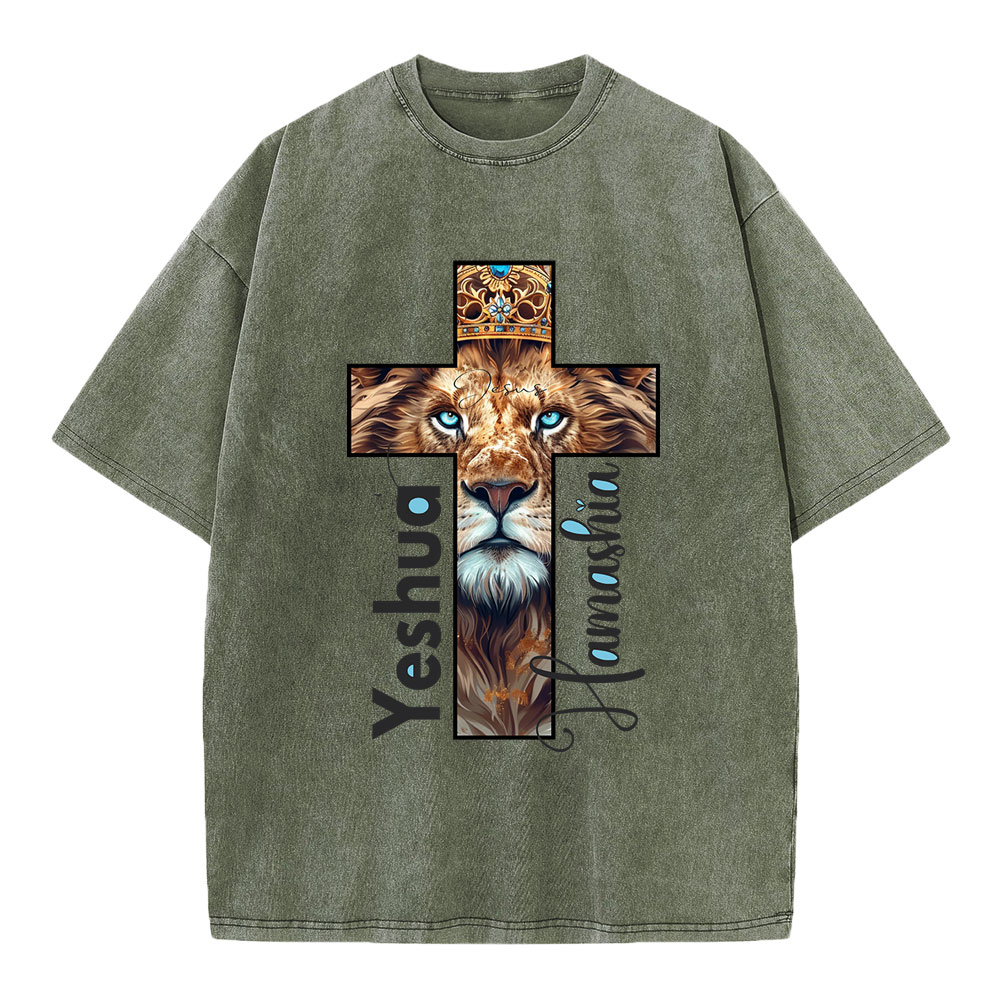 Yeshua Lion Cross Christian Washed T-Shirt