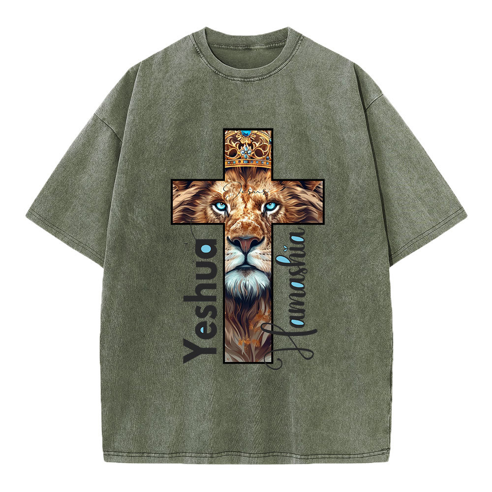 Yeshua Lion Cross Christian Washed T-Shirt