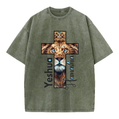 Yeshua Lion Cross Christian Washed T-Shirt