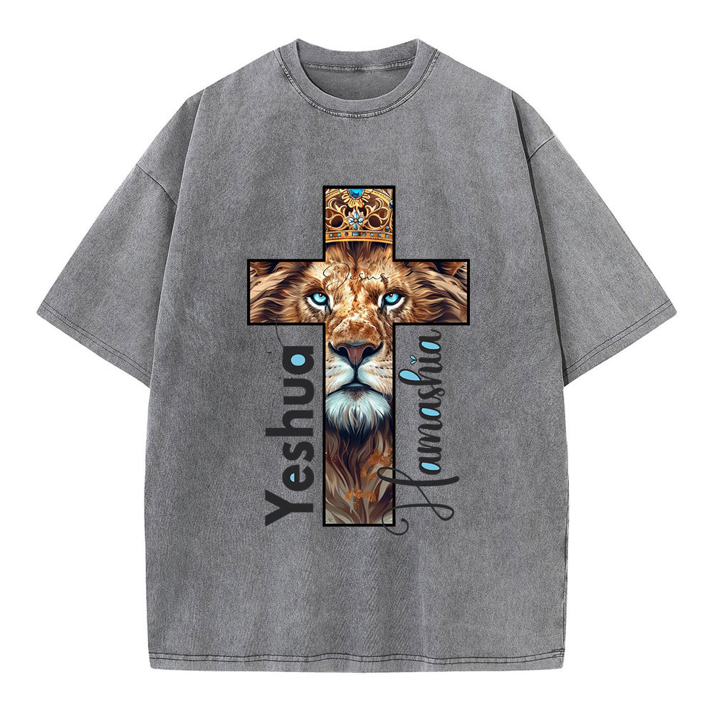 Yeshua Lion Cross Christian Washed T-Shirt