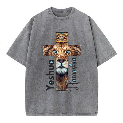 Yeshua Lion Cross Christian Washed T-Shirt
