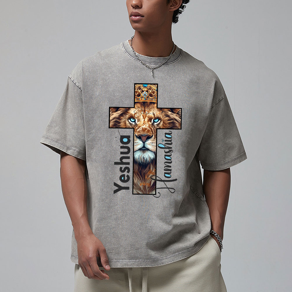 Yeshua Lion Cross Christian Washed T-Shirt