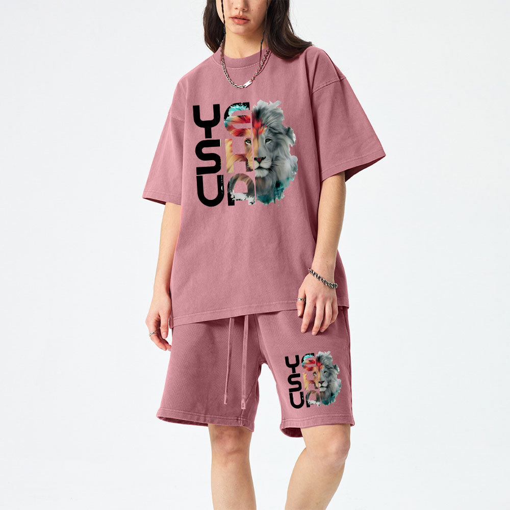 Lion And Yeshua Christian Washed T-Shirt & Shorts