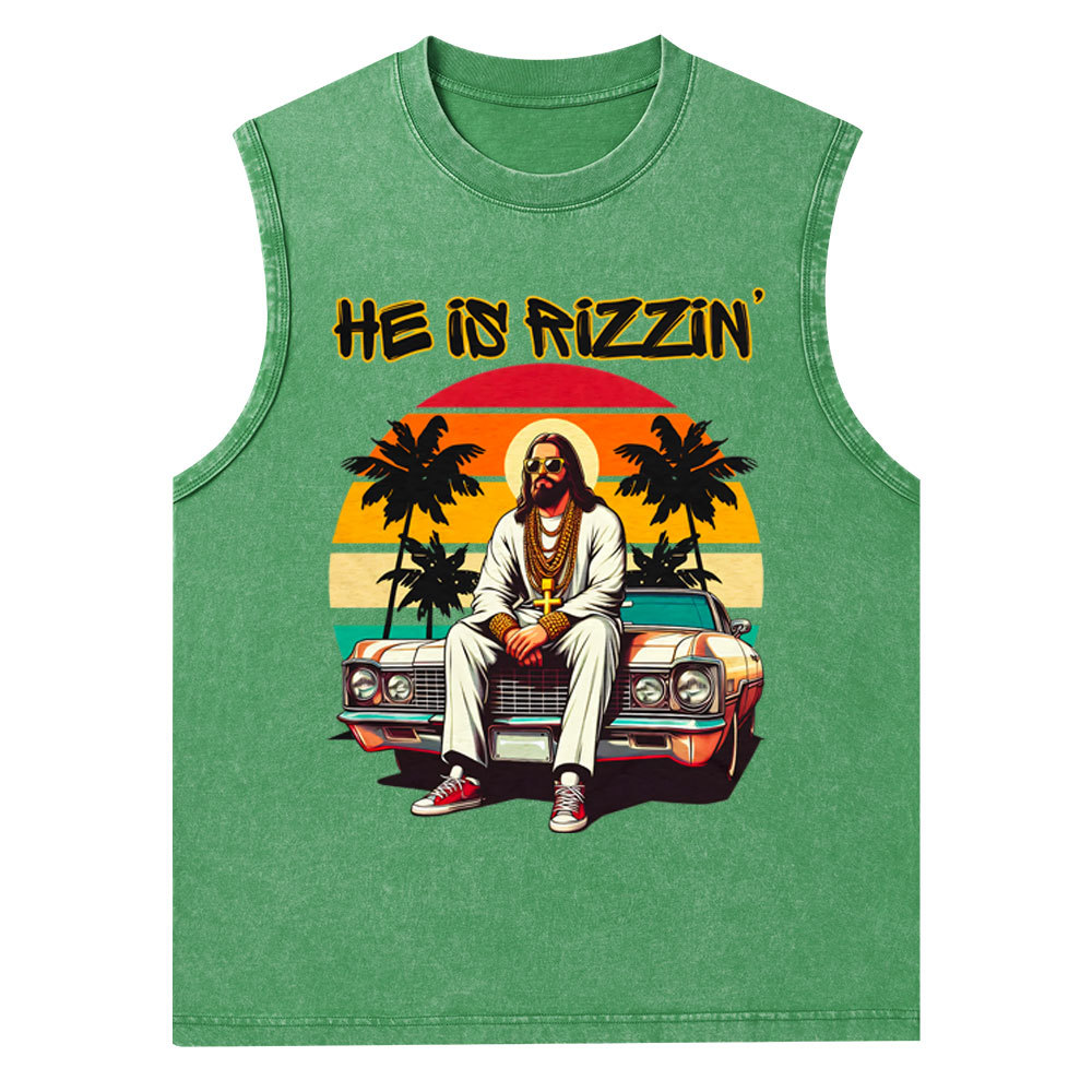 He Is Rizzen Christian Washed Tank Top