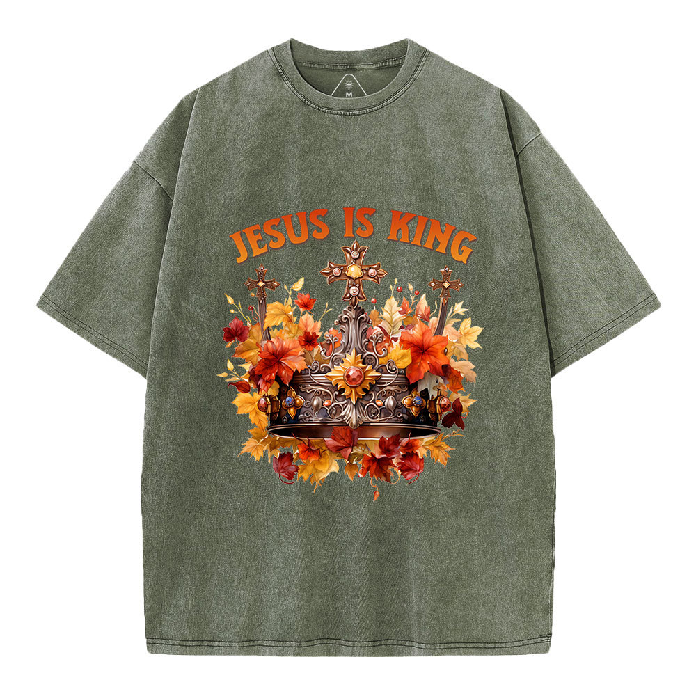 Jesus-Is-King-Autumn-Faith-Christian-Washed-T-Shirt-Army Green+