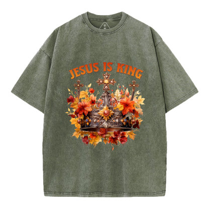 Jesus-Is-King-Autumn-Faith-Christian-Washed-T-Shirt-Army Green+
