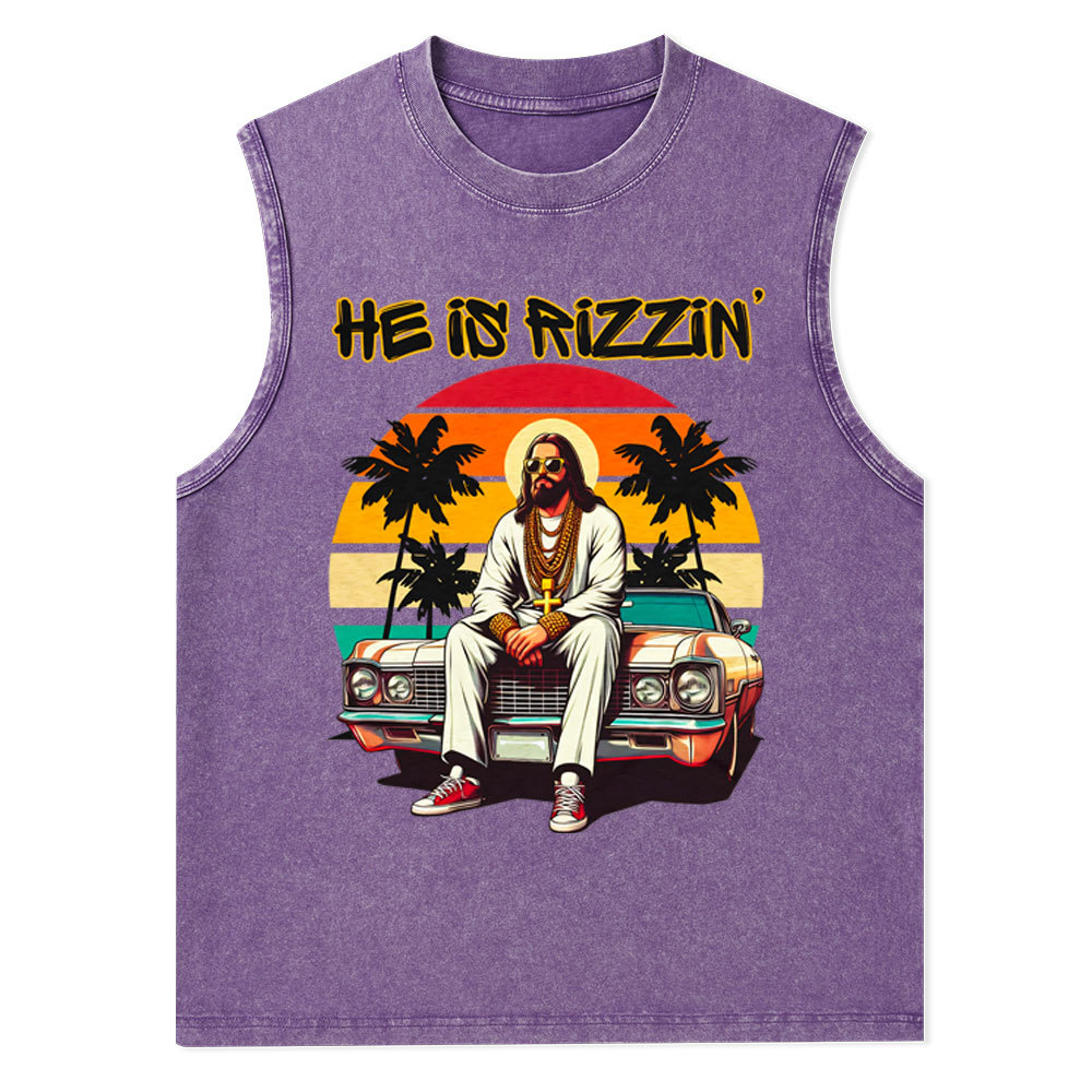He Is Rizzen Christian Washed Tank Top