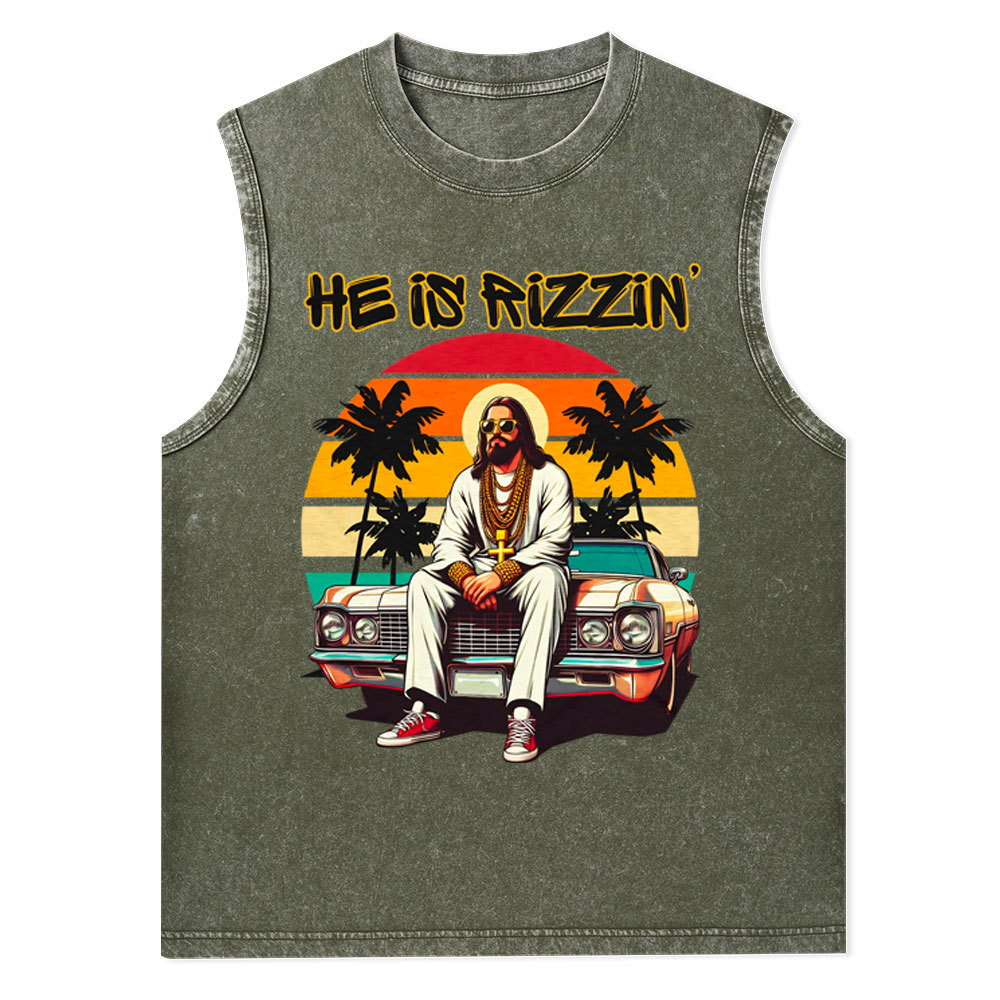He Is Rizzen Christian Washed Tank Top