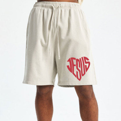 Jesus In My Hearts Christian Washed Shorts