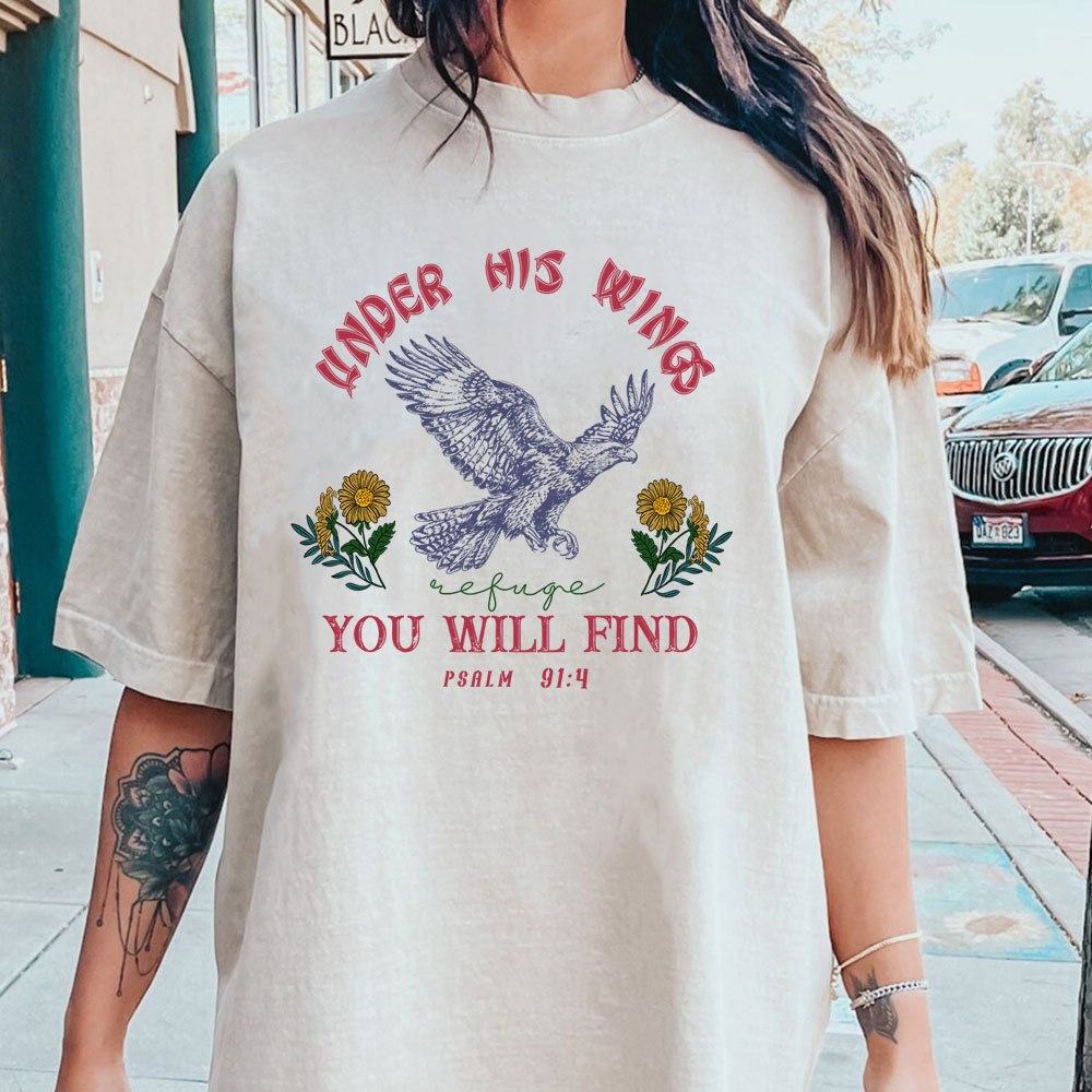 Under His Wings You Will Find Refuge Christian Washed T-Shirt