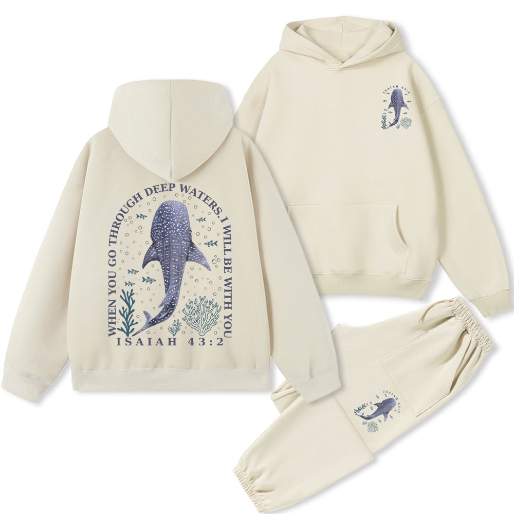 When You Go Through Deep Waters Whale Christian Fleece Hoodie Set