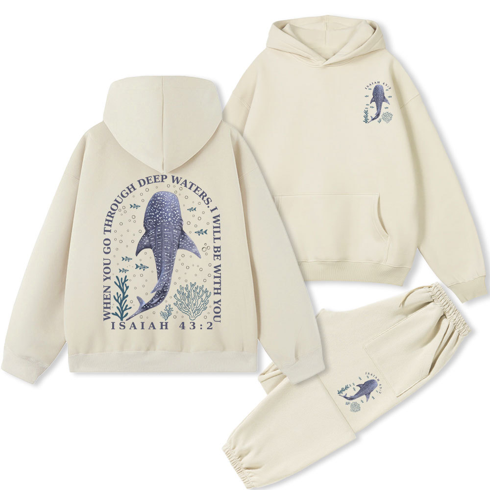 When You Go Through Deep Waters Whale Christian Fleece Hoodie Set