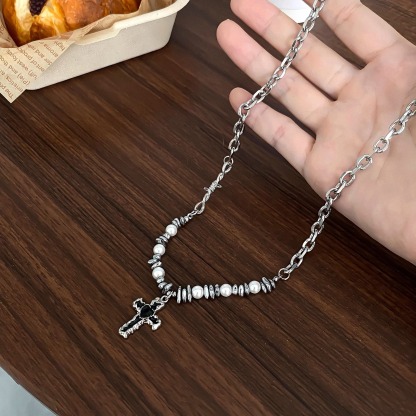 Pearl Shaped Stone Patchwork Heart Cross Christian Necklace