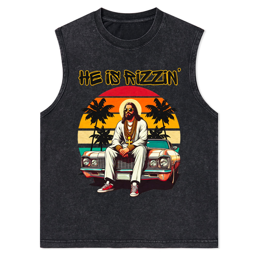 He Is Rizzen Christian Washed Tank Top