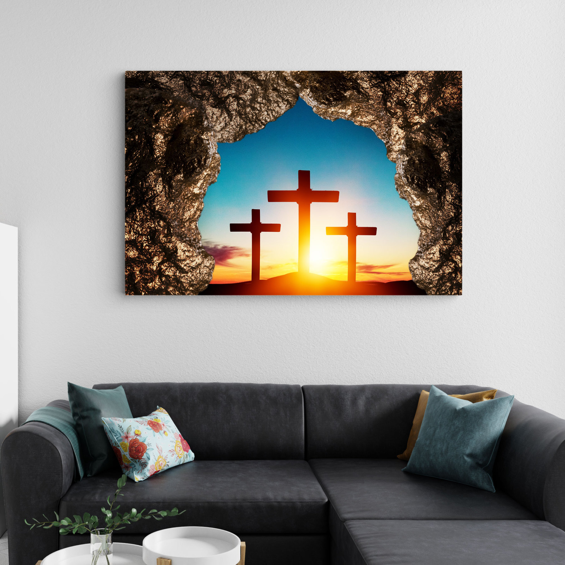 Empty Tomb With Three Crosses  Christian Canvas Wall Art