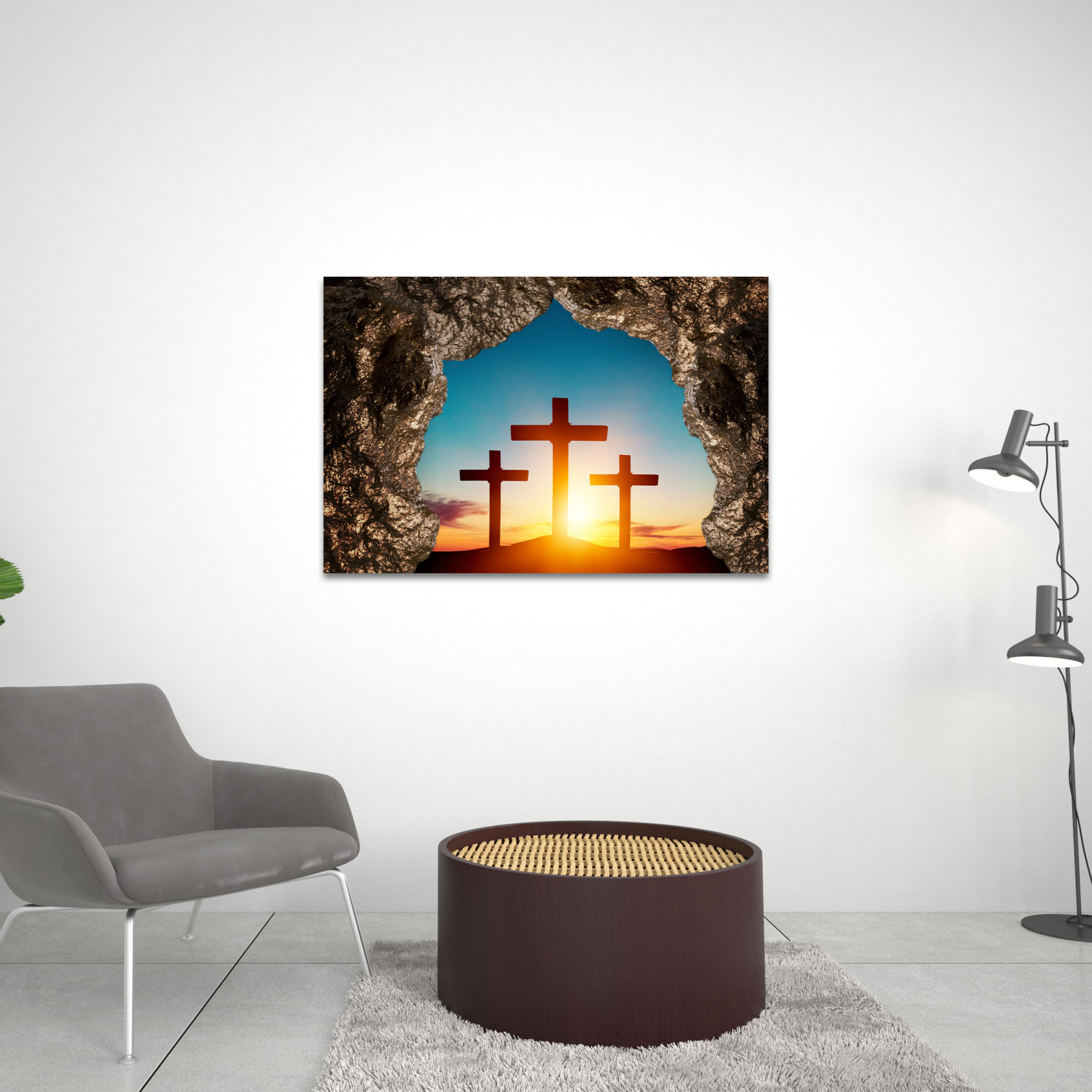Empty Tomb With Three Crosses  Christian Canvas Wall Art