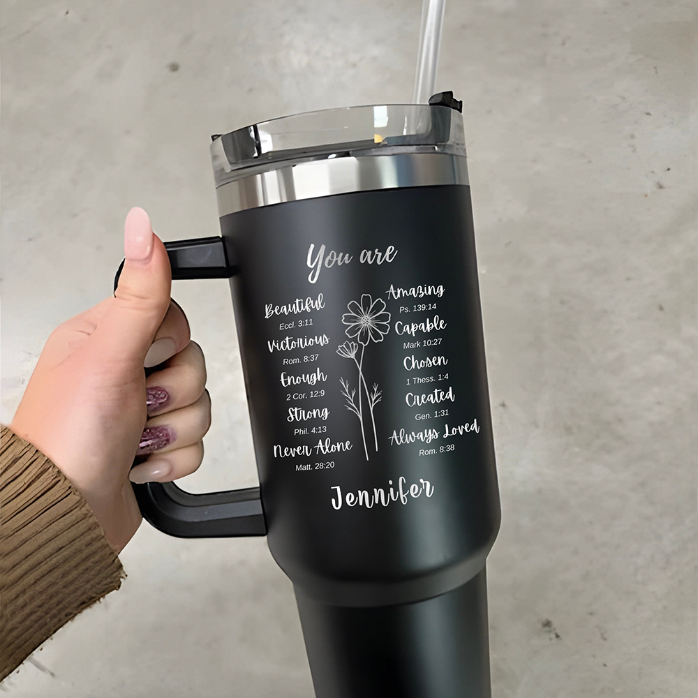 Personalized Bible Verse With Birth Flower Matthew 28:20 Romans 8:38 40OZ Tumbler