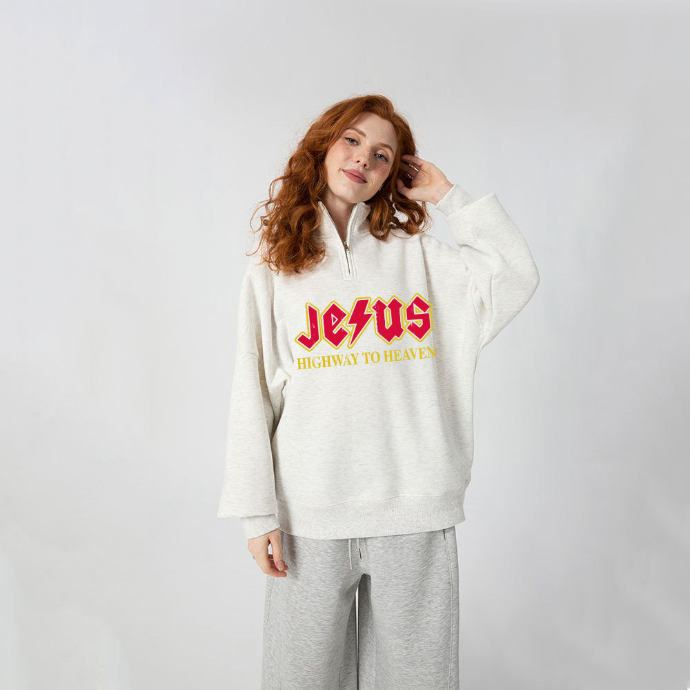 Jesus Highway To Heaven Christian Half Zip Fleece Sweatshirt