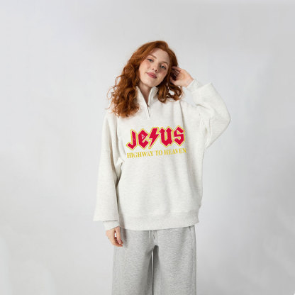 Jesus Highway To Heaven Christian Half Zip Fleece Sweatshirt