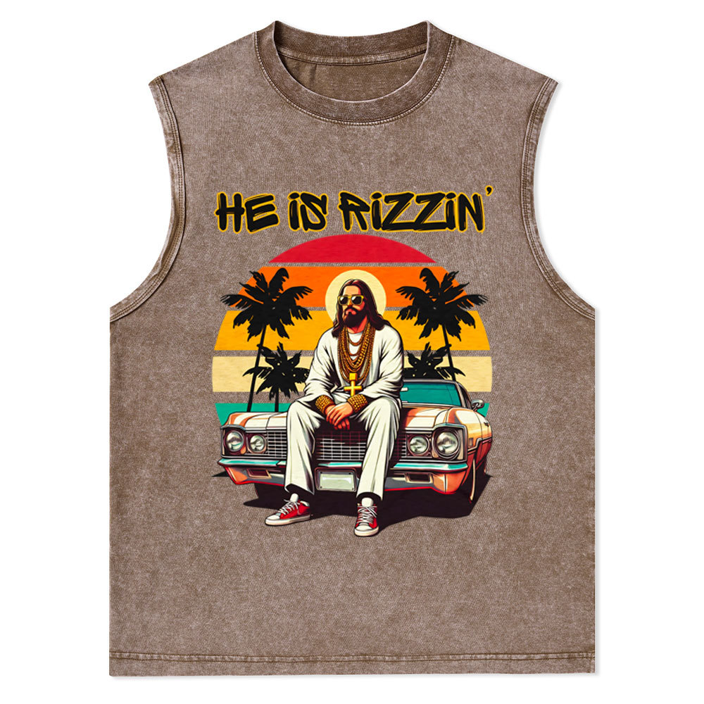 He Is Rizzen Christian Washed Tank Top