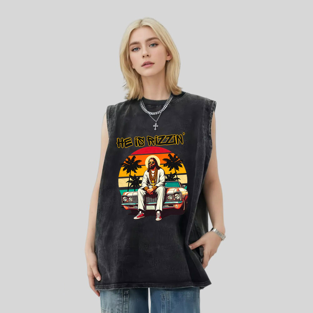 He Is Rizzen Christian Washed Tank Top