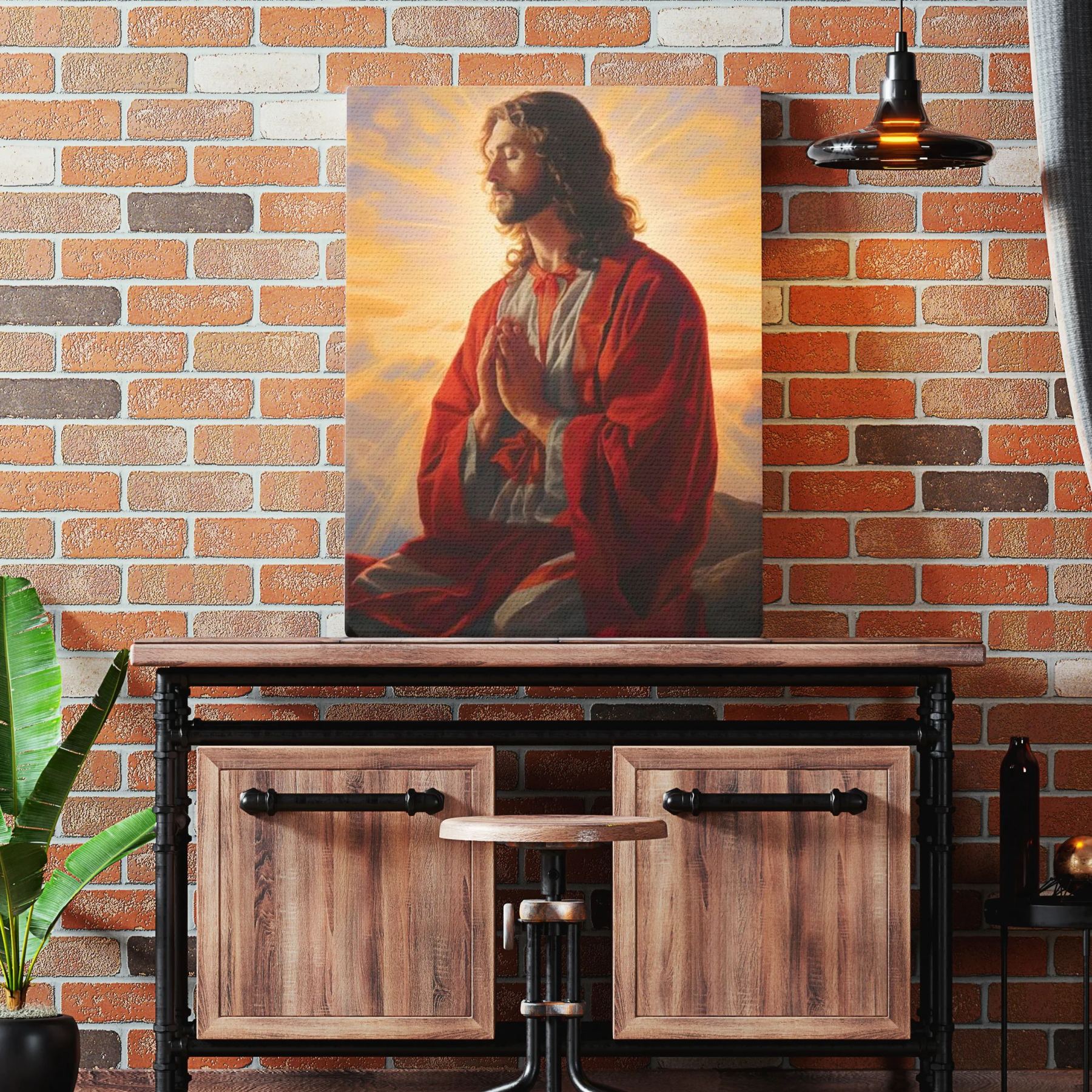 Jesus In Red Robe Kneeling In Prayer Canvas Wall Art Sale - GuidingCross