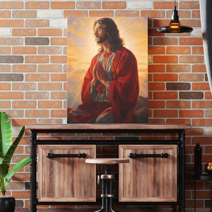 Jesus In Red Robe Kneeling In Prayer Canvas Wall Art