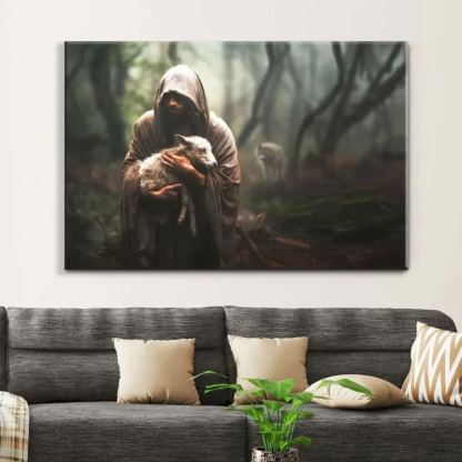 Jesus Carrying Lost Sheep Canvas Wall Art
