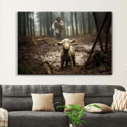 Jesus Running After A Lost Lamb Canvas Wall Art