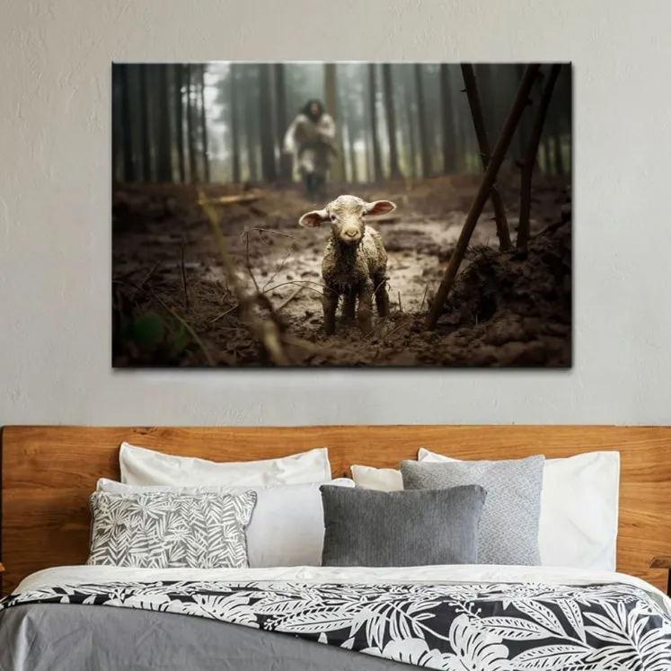 Jesus Running After A Lost Lamb Canvas Wall Art
