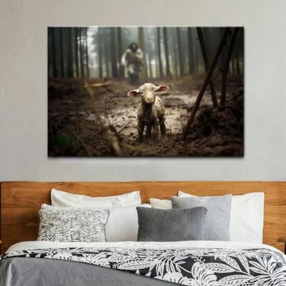 Jesus Running After A Lost Lamb Canvas Wall Art
