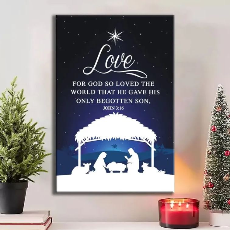 John 3:16 For God So Loved The World Christmas Christian Canvas Wall Art